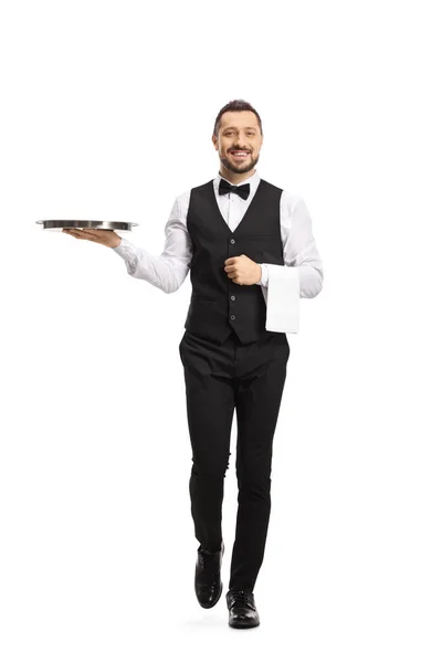 Full Length Portrait Waiter Carrying Silver Tray Walking Camera Isolated — Stock Photo, Image