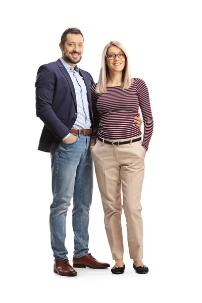 Full Length Portrait Young Casual Couple Embrace Isolated White Background — Stock Photo, Image