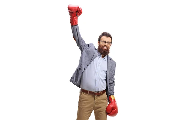 Γενειάδα Ευτυχισμένος Άνθρωπος Γάντια Πυγμαχίας Gesturing Νίκη Απομονώνονται Λευκό Φόντο — Φωτογραφία Αρχείου