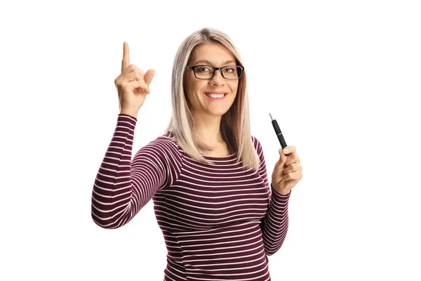Young Blond Woman Glasses Holding Electronic Cigarette Pointing Isolated White — Stock Photo, Image
