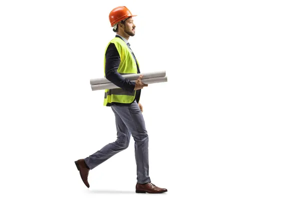 Site Engineer Safety Equipment Walking Carrying Blueprints Isolated White Background — Stock Photo, Image