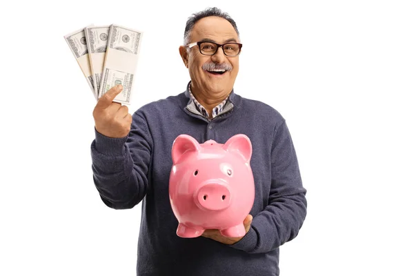 Mature Man Holding Money Piggy Bank Isolated White Background — Stock Photo, Image