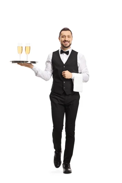 Full Length Portrait Smiling Waiter Carrying Silver Tray White Wine — Stock Photo, Image