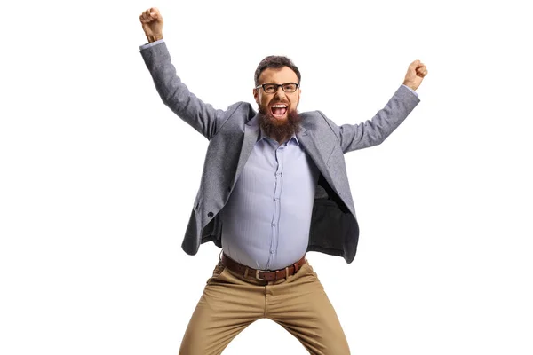 Eccitato Uomo Barbuto Gesticolando Felicità Isolato Sfondo Bianco — Foto Stock