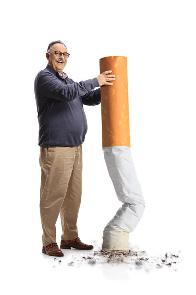 Full Length Portrait Mature Man Smiling Putting Big Cigarette Isolated — Stock Photo, Image