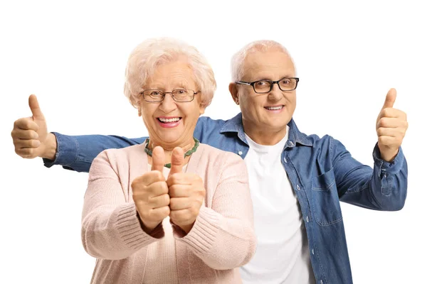 Зрелый Мужчина Стоящий Позади Пожилой Женщины Показывающий Большие Пальцы Белом — стоковое фото