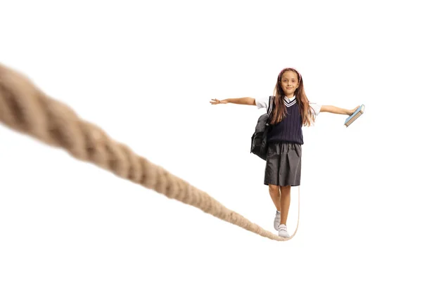 Schoolgirl Uniform Holding Book Walking Rope Isolated White Background — Stock Photo, Image