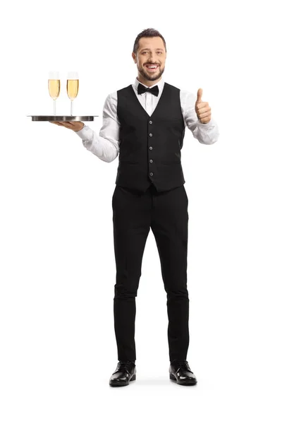 Full Length Portrait Cheerful Server Holding Tray Glasses White Wine — Stock Photo, Image