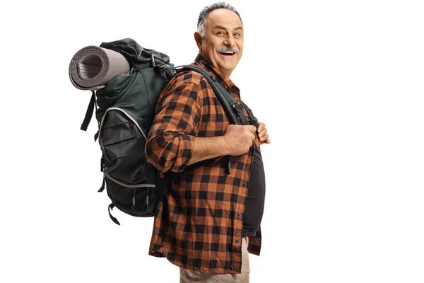 Mature Hiker Carrying Backpack Smiling Isolated White Background — Stock Photo, Image