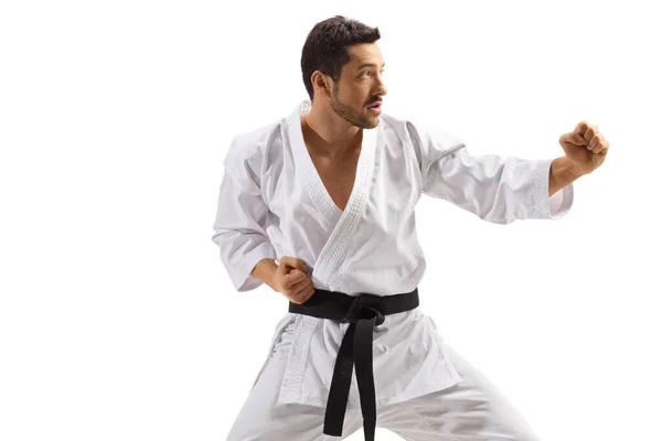 Karate Férfi Kimono Gyakorló Harci Sport Elszigetelt Fehér Háttér — Stock Fotó