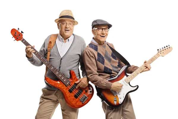 Hombres Mayores Felices Tocando Guitarras Eléctricas Aisladas Sobre Fondo Blanco —  Fotos de Stock