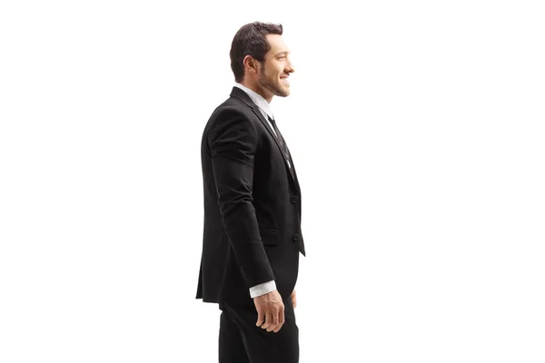 Profilaufnahme Eines Jungen Mannes Einem Schwarzen Anzug Isoliert Auf Weißem — Stockfoto