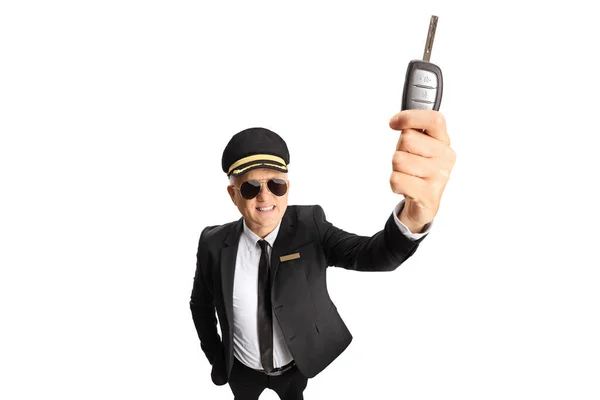 Smiling Chauffeur Uniform Showing Car Key Front Camera Isolated White — Stock Photo, Image