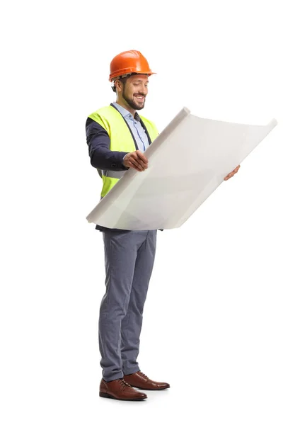 Full Length Shot Site Engineer Looking Blueprint Isolated White Background — Stock Photo, Image