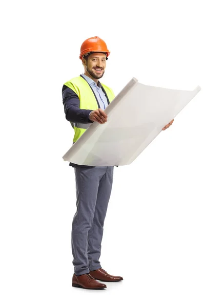 Fotografía Completa Ingeniero Alegre Sosteniendo Plano Mirando Cámara Aislada Sobre — Foto de Stock