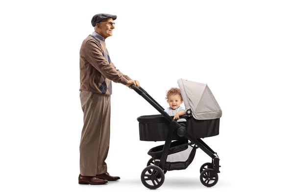 Full Length Profile Shot Grandfather Standing Baby Grandson Stroller Isolated — Stock Photo, Image