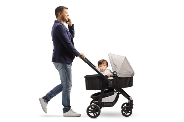 Full Length Profile Shot Father Pushing Baby Stroller Making Phone — Stock Photo, Image