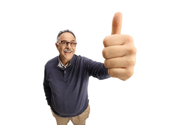 Cheerful Mature Casual Male Smiling Gesturing Thumb Sign Front Camera — Stock Photo, Image