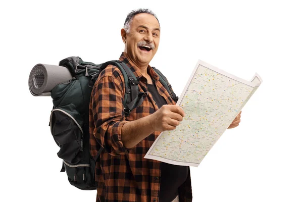 Smiling Mature Hiker Holding Map Looking Camera Isolated White Background — Stock Photo, Image
