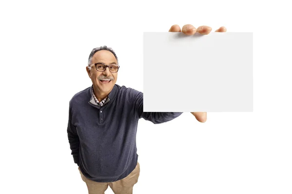 Mature Casual Male Smiling Showing Blank Card Front Camera Isolated — Stock Photo, Image