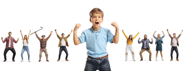 Gelukkige Kleine Jongen Andere Mensen Gebaren Geluk Rug Geïsoleerd Witte — Stockfoto