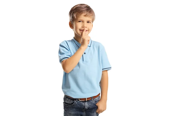 Vrolijk Kind Gesutring Stilte Met Vinger Geïsoleerd Witte Achtergrond — Stockfoto