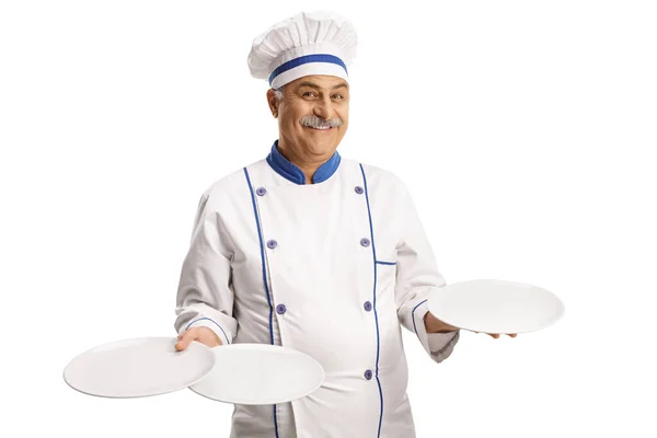 Cheerful Mature Chef Smiling Holding Three Empty Plates Isolated White — Stock Photo, Image