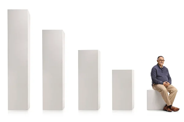 Mature Casual Man Sitting Diagram Column Isolated White Background — Stock Photo, Image