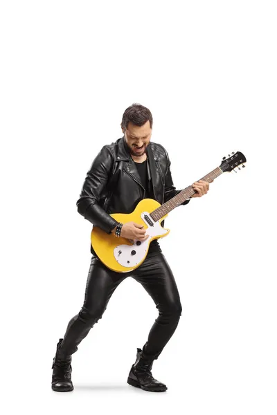 Rock Musician Playing Electric Guitar Isolated White Background — Stock Photo, Image