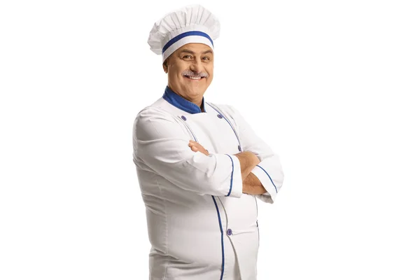 身穿制服 双臂交叉 与白色背景隔离的成熟男性厨师 — 图库照片