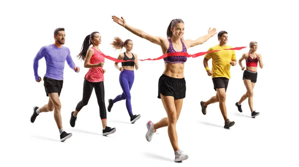 Tiro Comprimento Total Pessoas Correndo Uma Maratona Uma Mulher Frente — Fotografia de Stock