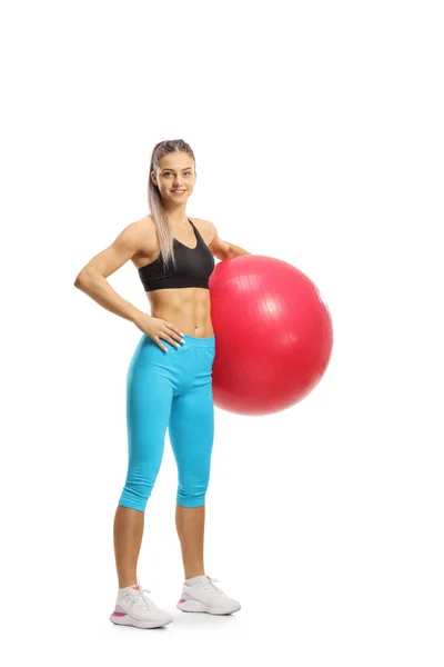 Full Length Portrait Young Sporty Female Standing Exercise Ball Isolated — Stock Photo, Image