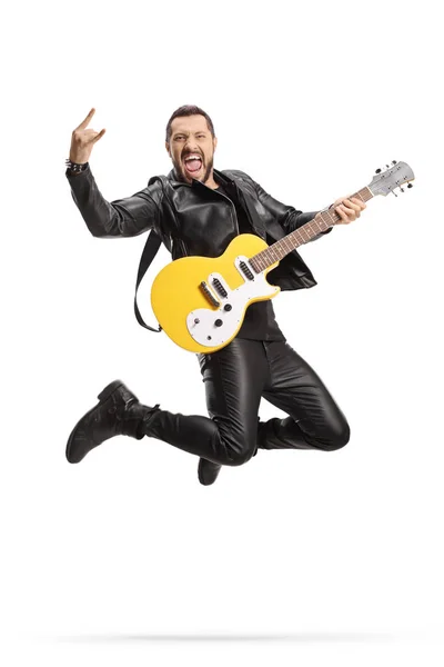 Male Rock Musician Electric Guitar Jumping Isolated White Background — Stock Photo, Image