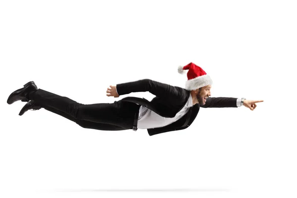 Largura Completa Hombre Negocios Con Sombrero Navidad Santa Volando Apuntando — Foto de Stock