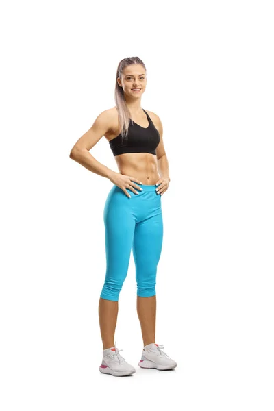 Fit Feminino Esportivo Top Cultura Leggings Sorrindo Posando Isolado Fundo — Fotografia de Stock