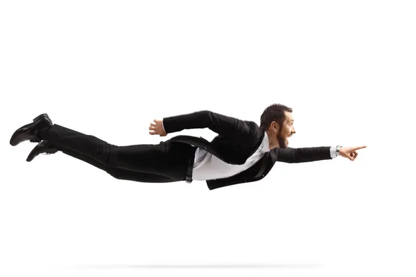 Largura Completa Hombre Profesional Traje Corbata Volando Apuntando Aislado Sobre —  Fotos de Stock