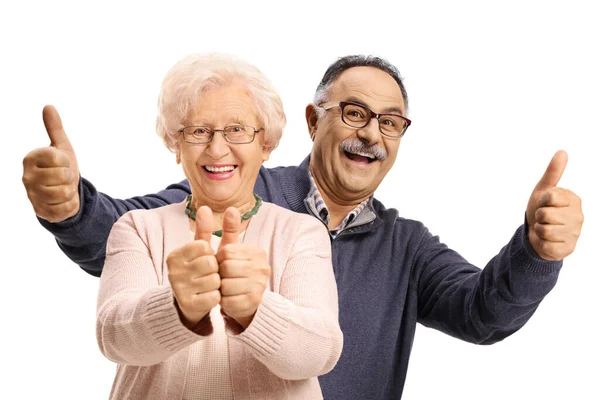 Maturo Uomo Woth Sua Anziana Madre Sorridente Mostrando Pollici Isolato — Foto Stock