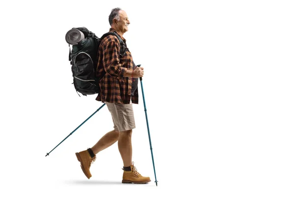 Full Length Profile Shot Mature Hiker Backpack Walking Trekking Poles — Stock Photo, Image