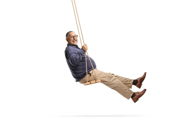 Full Length Side Shot Happy Mature Man Swinging Swing Isolated — Stock Photo, Image