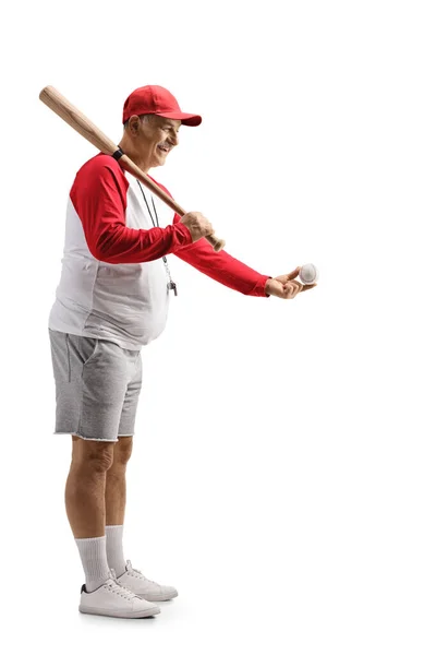 Full Length Profile Shot Mature Man Baseball Bat Giving Ball — Zdjęcie stockowe