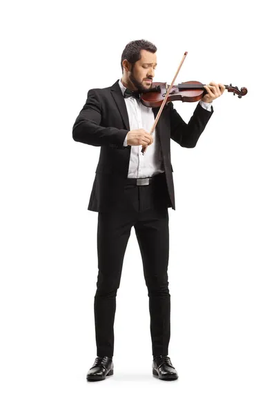 Volledige Shot Van Een Violist Uitvoeren Geïsoleerd Witte Achtergrond — Stockfoto