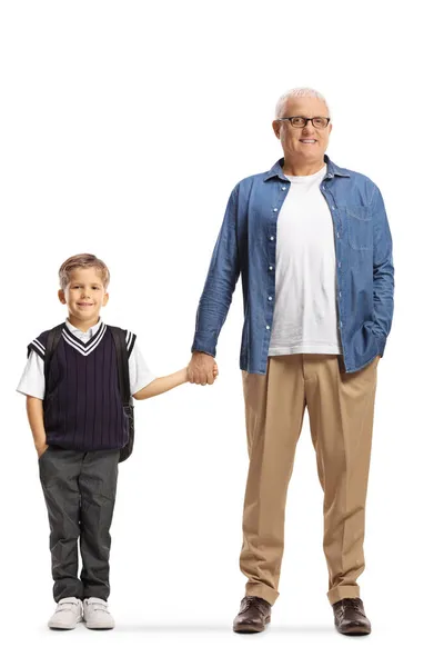 Full Length Portrait Father Holding His Son Hand Isolated White — Stock Photo, Image