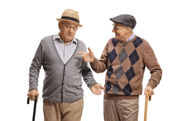 Ηλικιωμένοι Άνδρες Μπαστούνια Που Μιλούν Απομονωμένα Λευκό Φόντο — Φωτογραφία Αρχείου