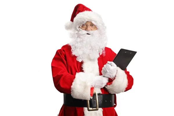 Surprised Santa Claus Holding Clipboard Looking Camera Isolated White Background — Stock Photo, Image