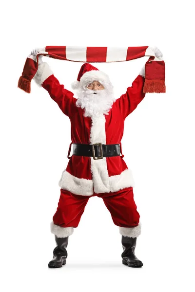 Święty Mikołaj Wiwatuje Piłkarskim Szalikiem Odizolowanym Białym Tle — Zdjęcie stockowe
