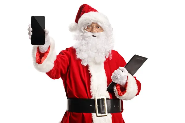 Weihnachtsmann Mit Klemmbrett Das Smartphone Isoliert Auf Weißem Hintergrund Vor — Stockfoto