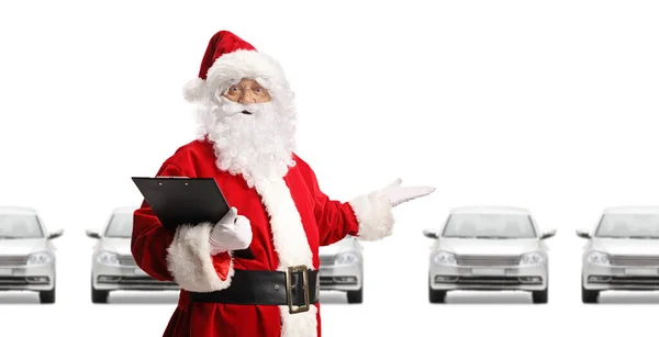 Santa Claus Visar Rad Nya Silver Bilar Isolerade Vit Bakgrund — Stockfoto