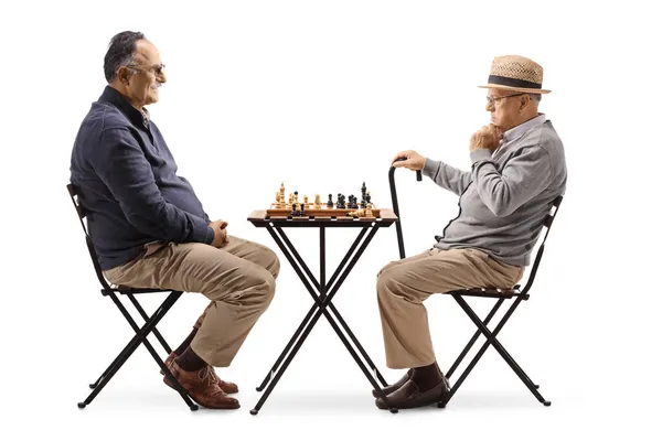 Two Male Pensioners Playing Chess Table Isolated White Background — Stock Photo, Image