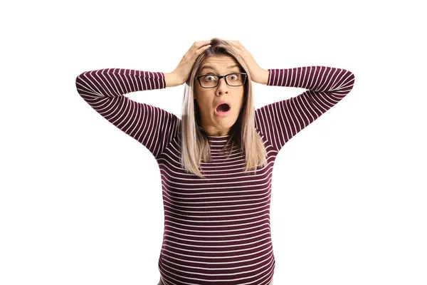 Shocked Woman Glasses Holding Head Isolated White Background — Stock Photo, Image