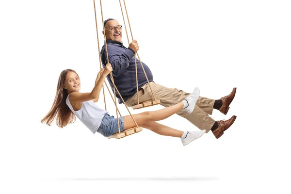 Side Shot Grandfather Granddaughter Swinging Wooden Swings Isolated White Background — Stock Photo, Image